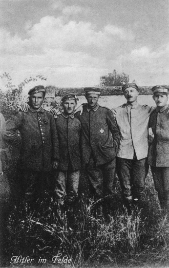 Adolf Hitler (in Drillich, second from right) as a corporal during the First World War pose with his comrades in Fromelles, France